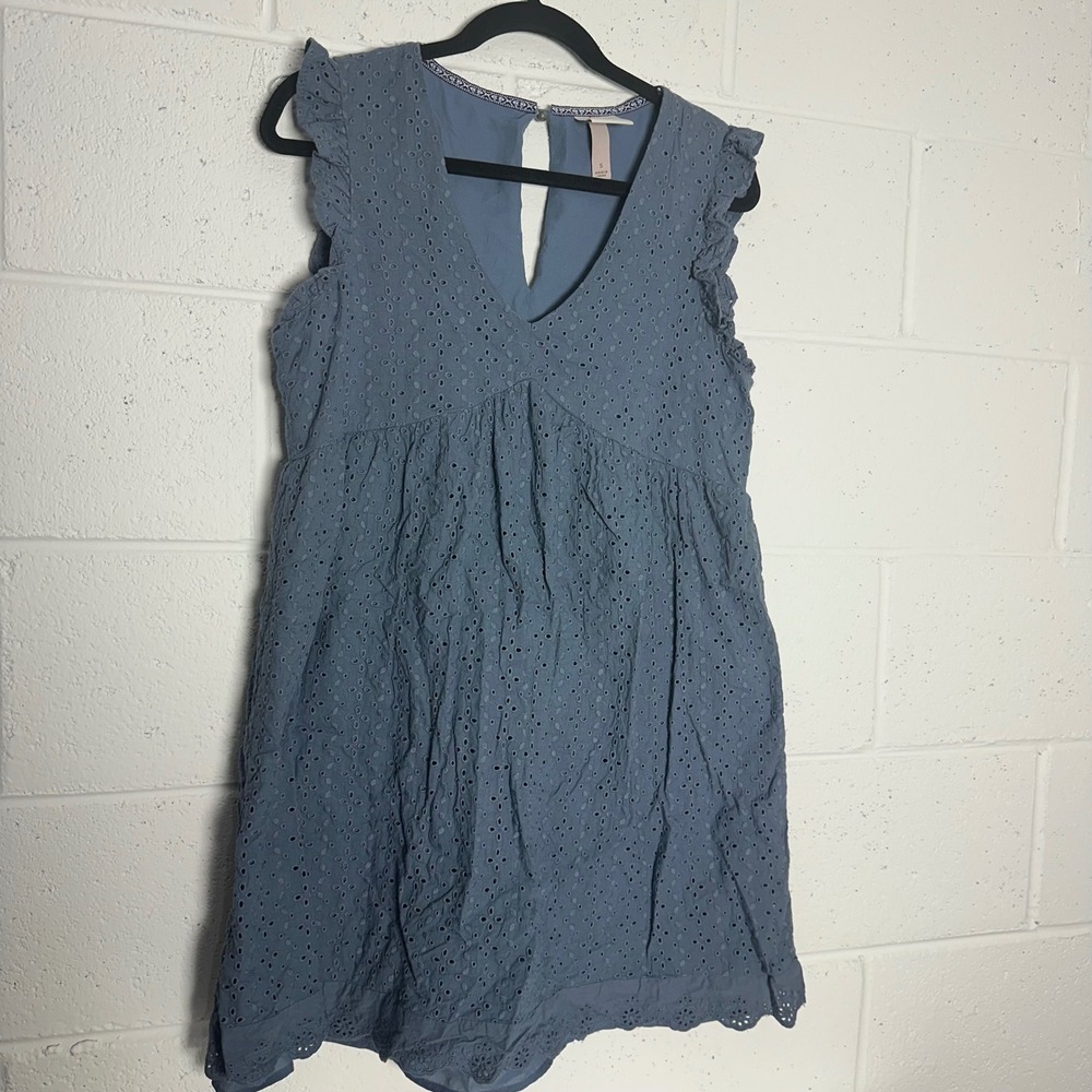 Knox Rose Blue Eyelet Babydoll Mini Dress Ruffle V-Neck Small